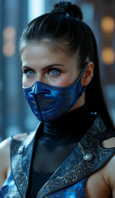 Here is the prompt adjusted to focus **only on the face** like ****, with a blue metal mask, in a hyper realistic setting: --- **"Close-up hiper-realista da parte superior do corpo like , the warrior of * mortal kombat*.  She has a calm expression , but po...
