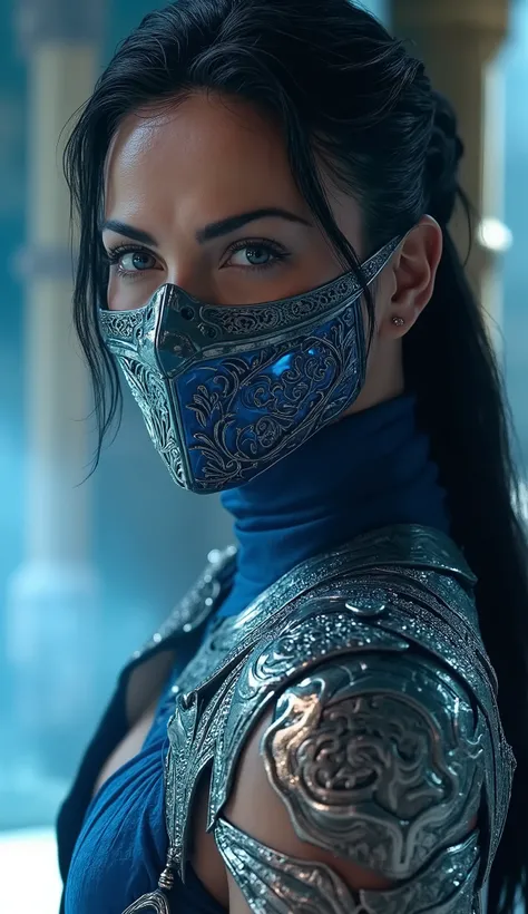 Here's a prompt detailed to generate a super realistic image of Alexandra Daddario as Kitana, with a shiny metal mask and details blue, focused on the upper body: "Hyper-realistic Close-up of Alexandra Daddario as Kitana, the warrior of * mortal kombat*. S...