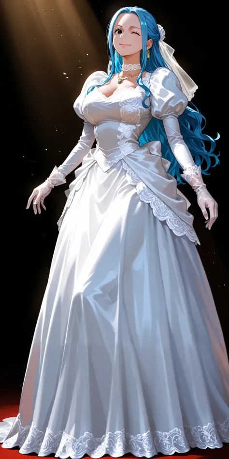 masterpiece, high score, great score, absurdres, beautiful woman, Nefertari Vivi, one piece, blue hair, long hair, beautiful black eyes, looking at viewer, smile, ;), wedding dress, lace trim, choker, necklace, full body Saree dress, lace gloves, juliet sl...