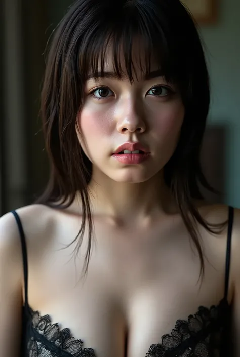 (( top quality )), ((masterpiece)), ( details),     Japanese,   first-person view   ,1 girl,     sexy,(    Bringing Your Face Closer ),((and open her mouth wide )),((  abnormally large breasts , underwear, short bob)),  black hair  , ((      without makeup...