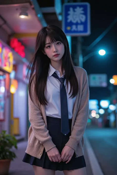 A young high school girl standing under the neon lights of a city at night, full bod, wearing a slightly oversized cardigan over her school uniform, with a long necktie neatly tied over her white blouse. The cardigan is unbuttoned, revealing the full lengt...