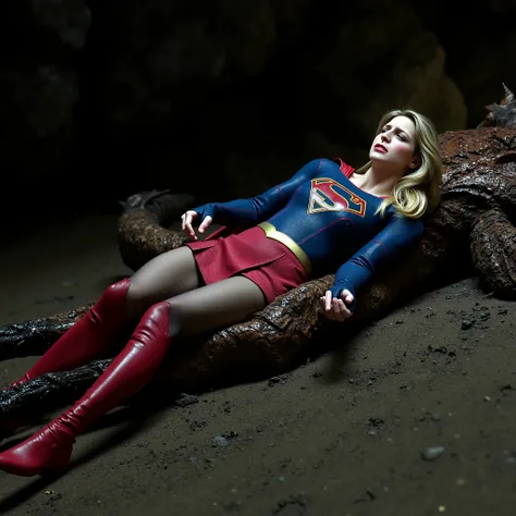 Supergirl is lying flat on the dirt, very bright white skin, her legs are wrapped around a monster body, can see whole body, She is wearing a thin black pantyhose, very short red skirt, flipped up skirt, red knee height long boots, blonde hair, unconscious...