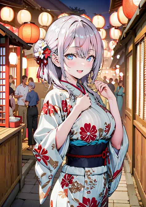 Alisa Mikhailovna Kujo, bungs, blue eyes, stupid hair, Gray Hair, side lock,bun hair,Nape,Big Breasts,Flower Hair Ornaments,White flower pattern kimono,smile,cover,opens her mouth,standing,Light up fireworks,Red Lanterns,Japanese stalls   ,night,full bodyが...