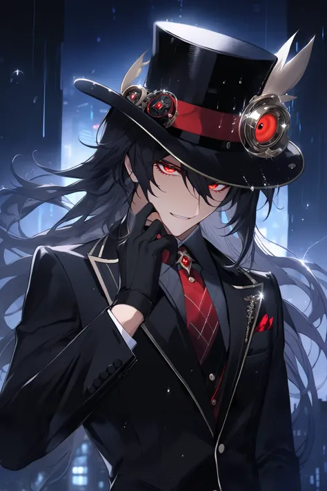  (black_hair), (red_crimson_eyes), (detailed_eyes), (Emotionless), (top_hat), (crazy_attractive), (night_city_background), (raining), (glowing_eyes), (male), (wearing _a_black_suit), (long_male_hair), (detailed_Hair), (detailed_tophat), (detailed_mouth), (...