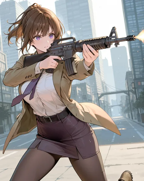 masterpiece, best quality, highres, 1girl, (aiming and firing rifle, finger on trigger, gun, c-m16m m16a2, holding, weapon, holding gun, holding weapon), brown hair, short hair, ponytail, open suit jacket, white shirt, miniskirt, pantyhose, purple pencil s...