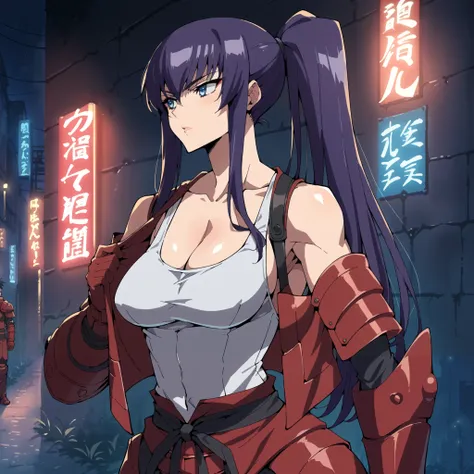 score_9,score_8_up,score_7_up,score_6_up, source_anime, zPDXL, girl,long hair, purple hair, ponytail, blue eyes, white tank top, red (samurai armor), red gloves, pants, large breasts,  (getting undressed), night city, neon lights, dim lighting, dark alley,