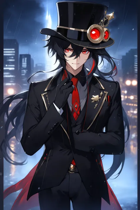  (black_hair), (red_crimson_eyes), (detailed_eyes), (Emotionless), (top_hat), (crazy_attractive), (night_city_background), (raining), (glowing_eyes), (male), (wearing _a_black_suit), (long_male_hair), (detailed_Hair), (detailed_tophat), (detailed_mouth), (...