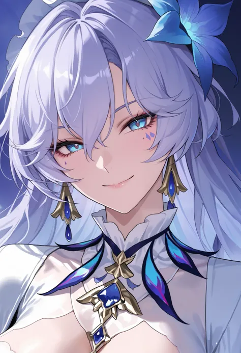 Beautiful, solo, long hair, light purple hair, blue eyes, white shirt, white dress, flower, smile facial, Cantarella, wuthering waves