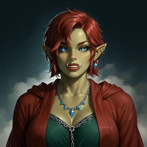 Score_9, looking at screen, adult woman, (only one woman:1,5), orc woman, dark green skin, two ears, pointy ears, only a pair of simple blue diamond shaped earrings, simple blue diamond shaped silver chain necklace, beautiful woman, pretty face, red hair, ...