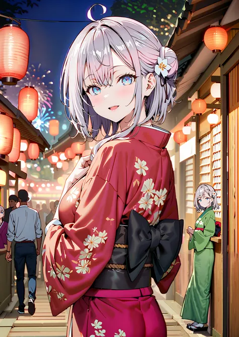 Alisa Mikhailovna Kujo, bungs, blue eyes, stupid hair, Gray Hair, side lock,bun hair,Nape,Big Breasts,Flower Hair Ornaments,White flower pattern kimono,smile,cover,opens her mouth,standing,Light up fireworks,Red Lanterns,Japanese stalls ,night,full bodyが...