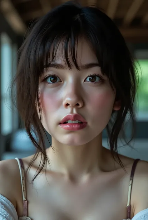 (( top quality )), ((masterpiece)), ( details), Japanese, first-person view ,1 girl, sexy,( bring your face closer ),(( and open your mouth wide )),(( abnormally large breasts , underwear, short bob hair)), black hair , (( with...