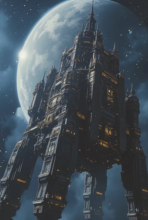 (Masterpiece, ultra-realistic, 32k, best quality, hyper-detailed, cinematic lighting, reversal film photography, film grain, intricate textures, photorealistic, dramatic composition, immersive depth, trending on ArtStation.) A colossal walking fortress, go...