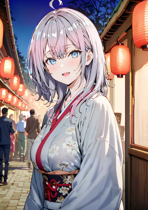 Alisa Mikhailovna Kujo, bungs, blue eyes, stupid hair, Gray Hair, side lock,bun hair,Nape,Big Breasts,Flower Hair Ornaments,White flower pattern kimono,smile,cover,opens her mouth,standing,Light up fireworks,Red Lanterns,Japanese stalls ,night,full bodyが...