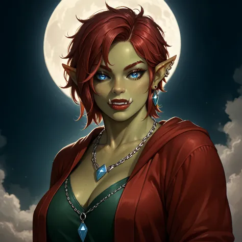 Score_9, looking at screen, adult woman, (only one woman:1,5), orc woman, dark green skin, two ears, pointy ears, only a pair of simple blue diamond shaped earrings, simple blue diamond shaped silver chain necklace, beautiful woman, pretty face, red hair, ...