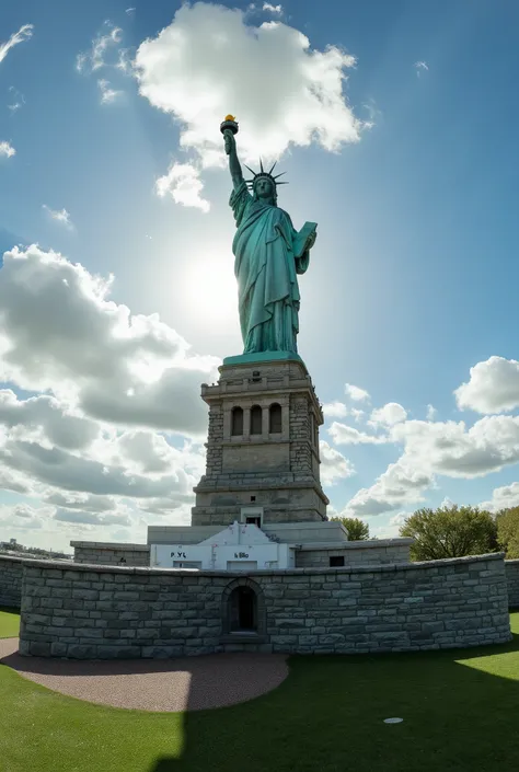ultra wide angle,fisheye,front,The Statue of Liberty is in the center of the picture,Elon Musk's face,Real photographic texture,Professional lighting,Ultra High Resolution,8K Ultra HD only,cinematic graphics,Best Quality,Masterpiece