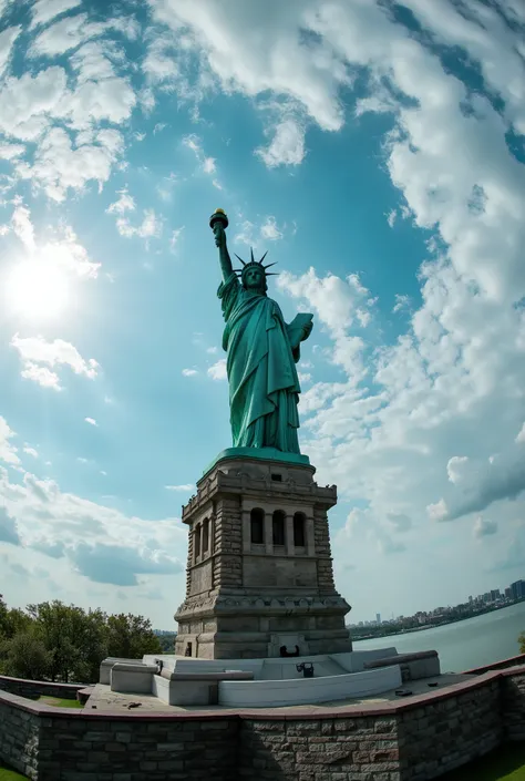 ultra wide angle,fisheye,front,The center of the picture is the Statue of Liberty,Elon Musk's face,Real photographic texture,Professional lighting,Ultra High Resolution,8K Ultra HD only,cinematic graphics,Best Quality,Masterpiece