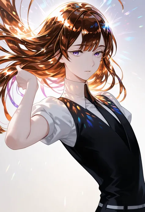 Beautiful, solo, long hair, brown hair, blue highlights, purple eyes, sharp eyes, white shirt, black suit, short sleeves, houseki no kuni