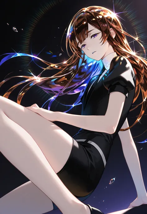 Beautiful, solo, long hair, brown hair, blue highlights, purple eyes, sharp eyes, white shirt, black suit, short sleeves, houseki no kuni