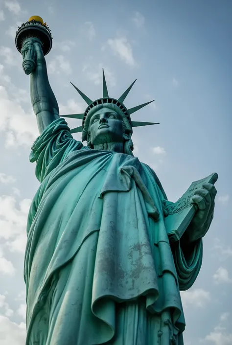 ultra wide angle,fisheye,front,The center of the picture is the Statue of Liberty,The face of the goddess is illuminated by soft scattered light,Clear paint texture,Real photographic texture,Professional lighting,Ultra High Resolution,8K Ultra HD only,cine...