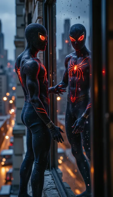 (best quality, 128k,highres,masterpiece:1.2),ultra-detailed,(realistic,photorealistic,photo-realistic:1.37), ((masterpiece)) ((photography)) ((Highest quality)) Ultra-detailed shot of Spider-Man clinging to the side of a skyscraper at night. His reflection...