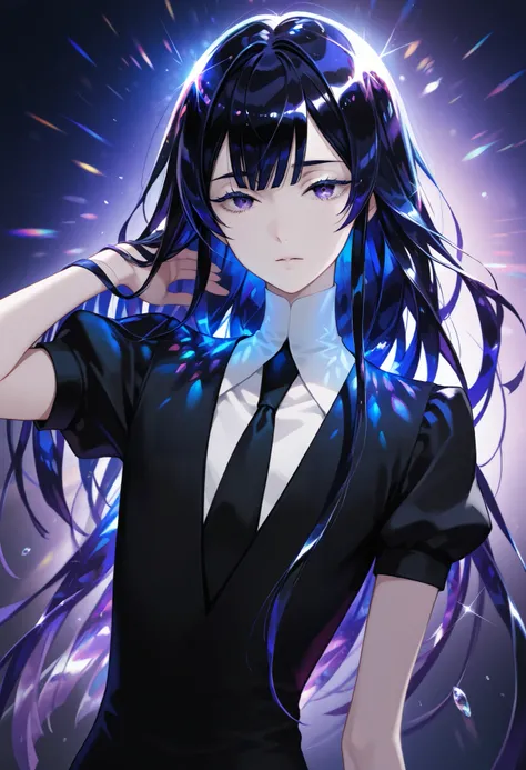 Beautiful, solo, long hair, black hair, blue highlights, purple eyes, sharp eyes, white shirt, black suit, short sleeves, houseki no kuni