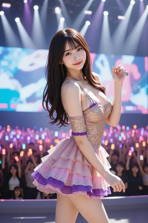 A highly detailed, ultra-realistic digital illustration of a beautiful young Asian female idol performing on a grand, brightly lit live concert stage. She is depicted from the waist up, ensuring her entire head is within the frame. Her long, voluminous che...