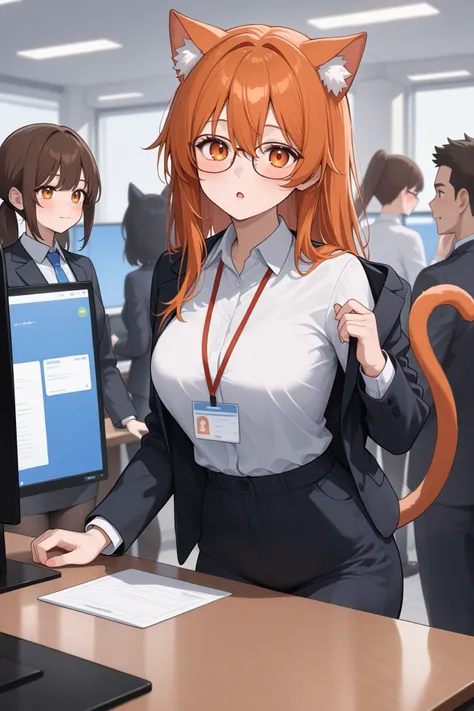 orange hair, orange eyes, catgirl, cat ears, cat tail, wears glasses, business casual outfit, stands in front of a screen showing a presentation, gives a presentation with company data, stands in a meeting room with a big table where people are sitting