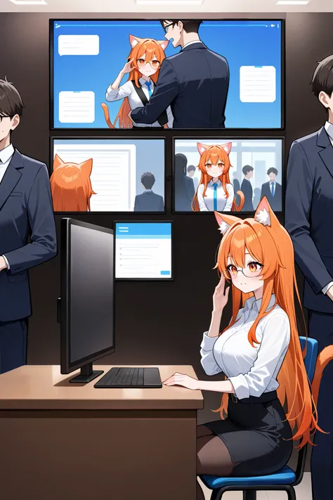 orange hair, orange eyes, catgirl, cat ears, cat tail, wears glasses, business casual outfit, stands in front of a screen showing a presentation, gives a presentation with company data, stands in a meeting room with a big table where people are sitting