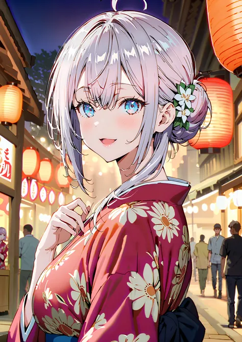 Alisa Mikhailovna Kujo, bungs, blue eyes, stupid hair, Gray Hair, side lock,bun hair,Nape,Big Breasts,Flower Hair Ornaments,White flower pattern kimono,smile,cover,opens her mouth,standing,Light up fireworks,Red Lanterns,Japanese stalls   ,night,full bodyが...