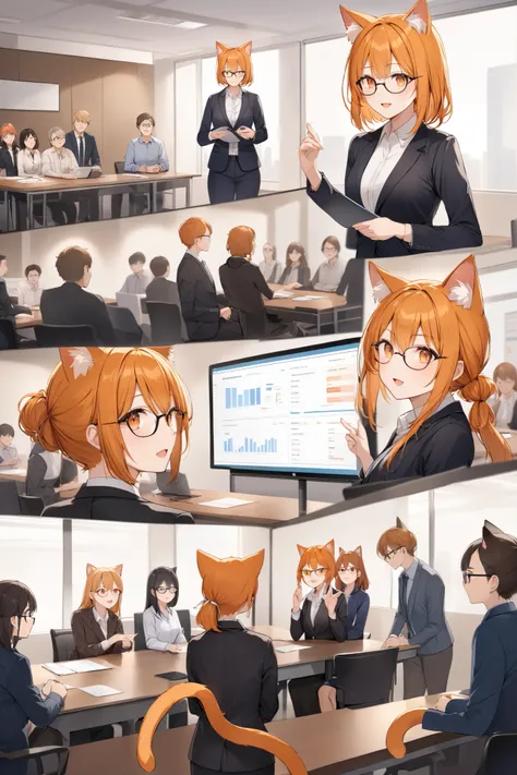 orange hair, orange eyes, catgirl, cat ears, cat tail, wears glasses, business casual outfit, stands in front, gives a presentation with company data, stands in a meeting room with a big table where people are sitting