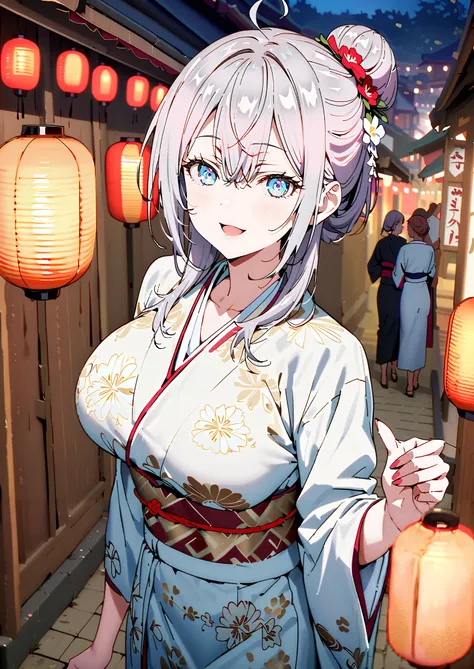 Alisa Mikhailovna Kujo, bungs, blue eyes, stupid hair, Gray Hair, side lock,bun hair,Nape,Big Breasts,Flower Hair Ornaments,White flower pattern kimono,smile,cover,opens her mouth,standing,Light up fireworks,Red Lanterns,Japanese stalls   ,night,full bodyが...