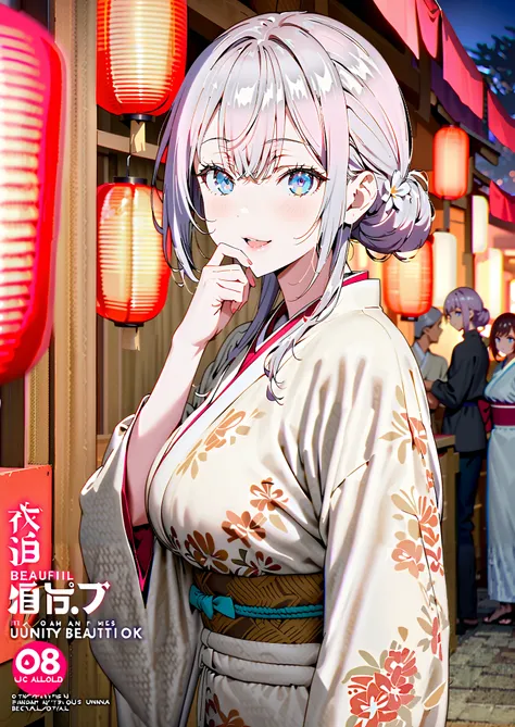 Alisa Mikhailovna Kujo, bungs, blue eyes, stupid hair, Gray Hair, side lock,bun hair,Nape,Big Breasts,Flower Hair Ornaments,White flower pattern kimono,smile,cover,opens her mouth,standing,Light up fireworks,Red Lanterns,Japanese stalls ,night,full bodyが...