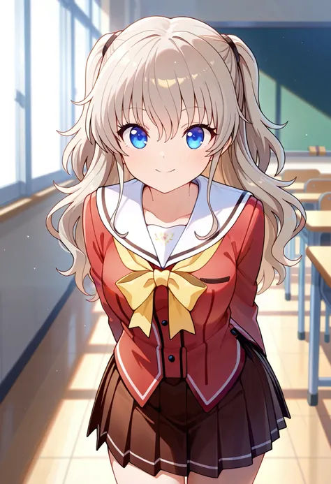 best quality, Good Quality, is very beautiful,high definition , high quality、smile、Standing、one girl,solo , 1 girl , Tomori Nao ,  school uniform , yellow ribbon , special_eye , blue eye , closed mouth、(masterpiece:1 . 2) , (最high quality:1 . 2)
