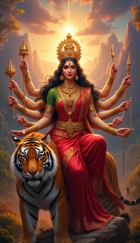 *"A highly detailed and realistic digital painting of Goddess Chandraghanta, the third form of Maa Durga. She has ten arms, each holding a divine weapon, and a half-moon on her forehead in the shape of a bell. Her expression is fierce yet compassionate, ra...