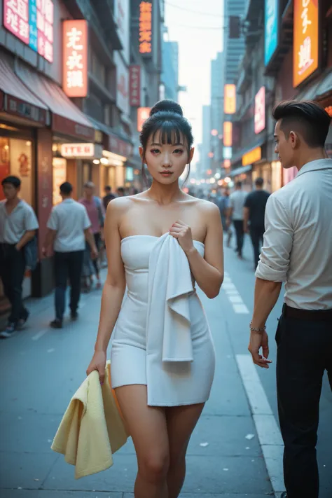 sfw:2,Asian woman on crowded cyberpunk neon street wearing towel