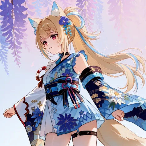 FuwawaNewYears, long hair, ponytail, streaked hair, kouhaku nawa hair bow, hair flower, spiked choker, neck tassel, tail, blue kimono, floral print, short kimono, sleeveless, single detached sleeve, blue sash, thigh strap