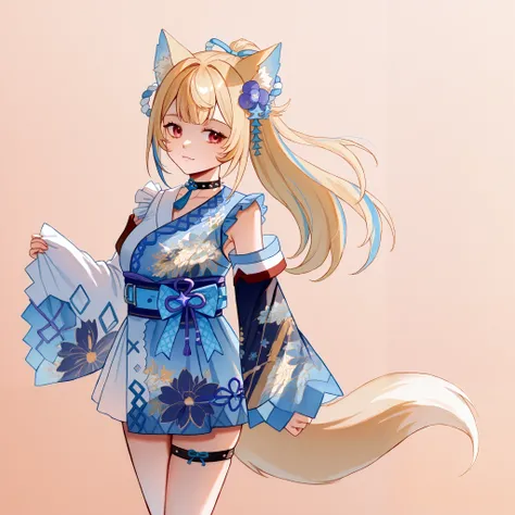 FuwawaNewYears, long hair, ponytail, streaked hair, kouhaku nawa hair bow, hair flower, spiked choker, neck tassel, tail, blue kimono, floral print, short kimono, sleeveless, single detached sleeve, blue sash, thigh strap