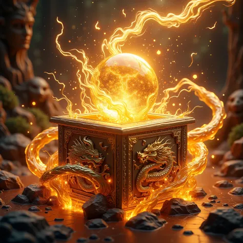 A beautiful Chinese box carved with a dragon pattern with a glowing crystal ball in the middle，Emits a golden glow， very bright colors, lightweight particles, Very bright color with glow , Wallpaper Art,  Ultra HD Wallpapers ，Lots of flames and lightning a...