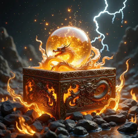 A beautiful Chinese box carved with a dragon pattern with a glowing crystal ball in the middle，Emits a golden glow， very bright colors, lightweight particles, Very bright color with glow , Wallpaper Art,  Ultra HD Wallpapers ，Lots of flames and lightning a...
