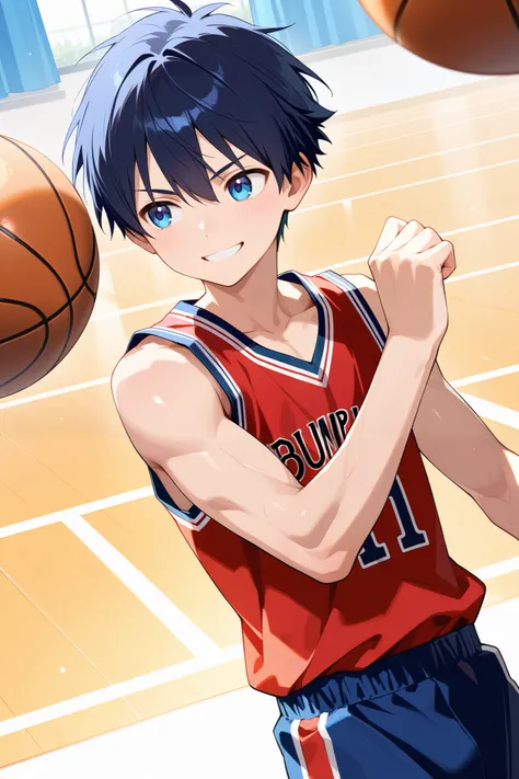 masterpiece, best quality, Ultra High Resolution, anime style, male focus, Basketball match, japanese boy, high school students, Dumping, Dynamic Capture, very handsome, Perfect Face, Cute Face, Clear and beautiful detailed eyes, black short hair, Shiny Ha...