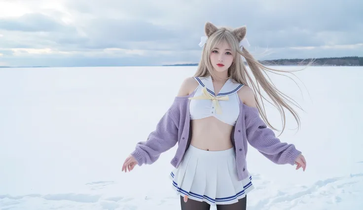 atago, 1 girl, solo, atago \(Azur Lane\), cosplay, a mole under the eye, animal ears, very long hair,bungs, side lock, hair bows, ,Cardigan, sailor color, sailor suit, long sleeve, pleated skirt, pantyhose, ((cowboy shooting)), ((bare shoulder)), ((Short h...