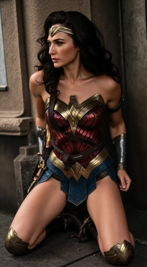 Gal Gadot as Wonder woman, she is kneeling, her hand behind her back, she is bounded to the pillar, both arms behind her back, injury, painful face,