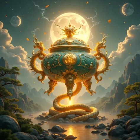 Ding\((huge,round belly,three legs,jade inlaid with gold craftsmanship,Chinese warring States style,carved pattern\(gorgeous,atmospheric,solemn,eight trigrams pattern on the front,bas-relief Chinese dragon pattern on the center of the back\),(shining golde...