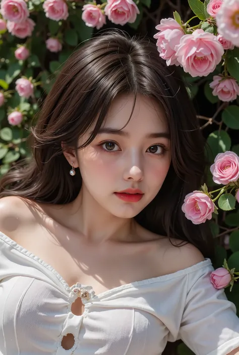 (桜が満開、公園)Best Quality、masterpiece、 High Resolution 、One Girl、The Dindor effect、Realistic lying down 、Edge Light、Two-tone lighting、(Highly detailed skin:1、2)、8K UHD、pure、( pearl earrings )、 Johannes Vermeer Dolce 、Floral Background、Colorful background、 Bas...