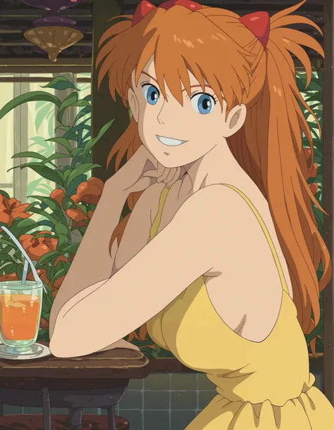 ghibli_style, score_9, score_8_up, bust, human, Asuka Langley, single female, 1 girl, female, looking at you, medium breasts, confident, yellow sundress, inside a restaurant, smiling