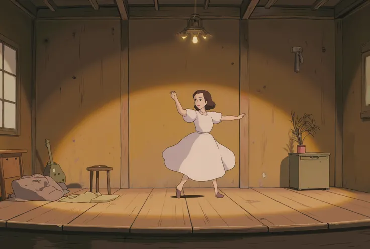 Party,On a warm and simple wooden stage,A in a dress is performing a dance on a warm and simple wooden stage,panoramic,full body