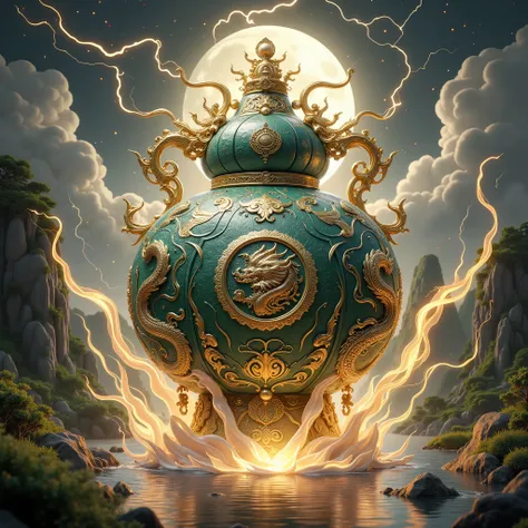 Gourd\((huge,round belly,jade inlaid with gold craftsmanship,Chinese warring States style,carved pattern\(gorgeous,atmospheric,solemn,eight trigrams pattern on the front,bas-relief Chinese dragon pattern on the center of the back\),(shining golden light,Su...