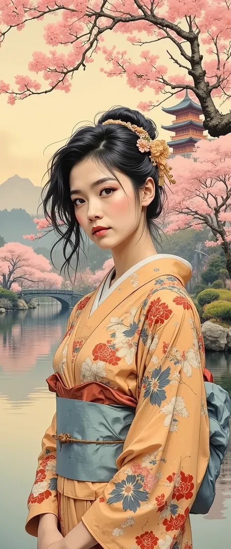 Quiet Japanese garden、Woman in a Hakama 、sparkling detailed black eyes、 dark hair、long hair、moist lips、cherry blossoms in full bloom、Pedestrian bridge、Pagoda、Ukiyo-e style、Hokusai inspiration、8k、complicated and detailed、pastel color schemes、Golden Hour、pea...