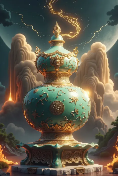 Gourd\((huge,round belly,jade inlaid with gold craftsmanship,Chinese warring States style,carved pattern\(gorgeous,atmospheric,solemn,eight trigrams pattern on the front,bas-relief Chinese dragon pattern on the center of the back\),(shining golden light,Su...