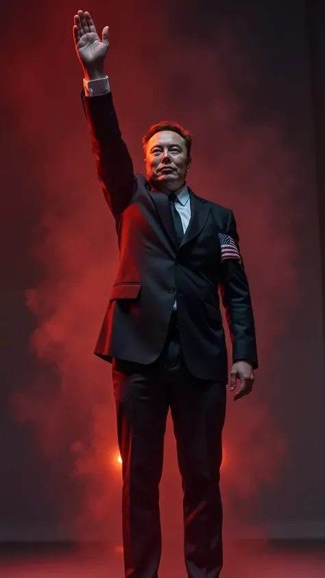 ultra wide angle, front-face, The center of the picture is Elon Musk in a suit, The Nazi-style salute, Raise and straighten his right arm, Straighten his palm,He wore an armband with the Stars and Stripes on it,a red glow came from behind,a sense of oppres...